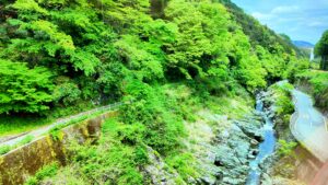 丹生川を蛇行する車両